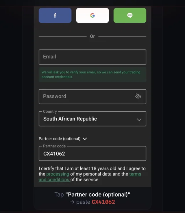 Weltrade signup form showing where to tap Partner code (optional) and paste CX41062